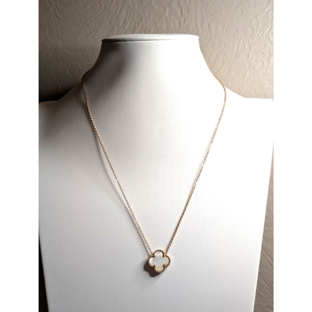 18K Rose Gold Plated Two Sided Quatrefoil Mother of Pearl CZ Pendant Necklace